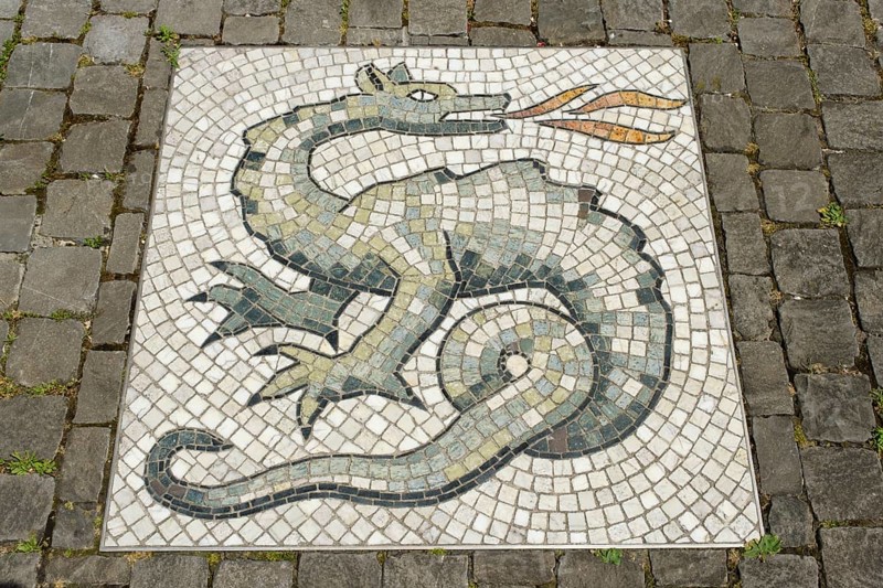 Floor mosaic in front of the Lindwurm Museum, Old Town, Stein am Rhein, Canton Schaffhausen, Switzerland, Europe