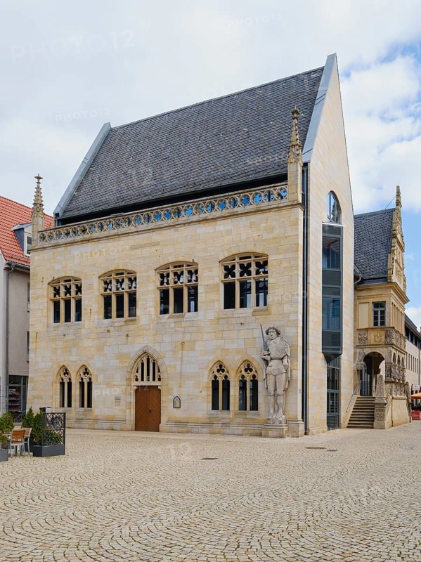 Historic west façade with Roland, town hall, Holzmarkt, Halberstadt, Harz Mountains, Saxony-Anhalt, Germany, Europe