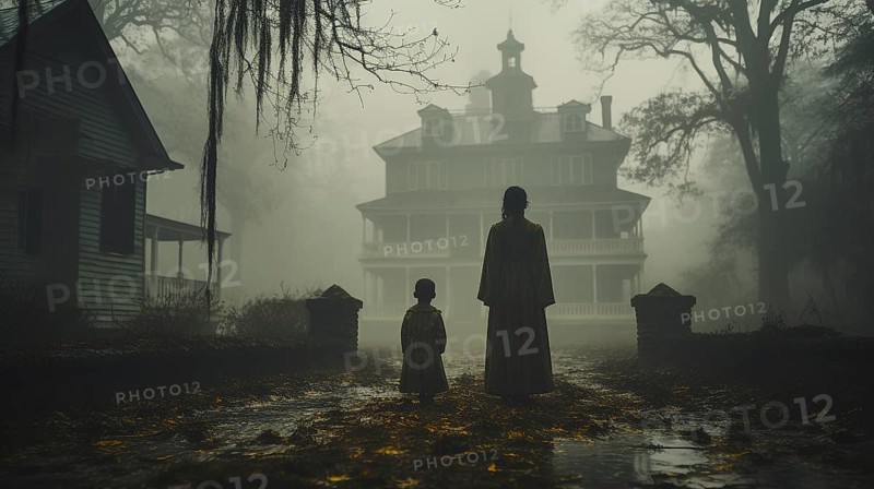 Eerie haunting ghostly silhouetted female and child figures walking in front of a foggy southern plantation antebellum mansion on halloween night, generative AI