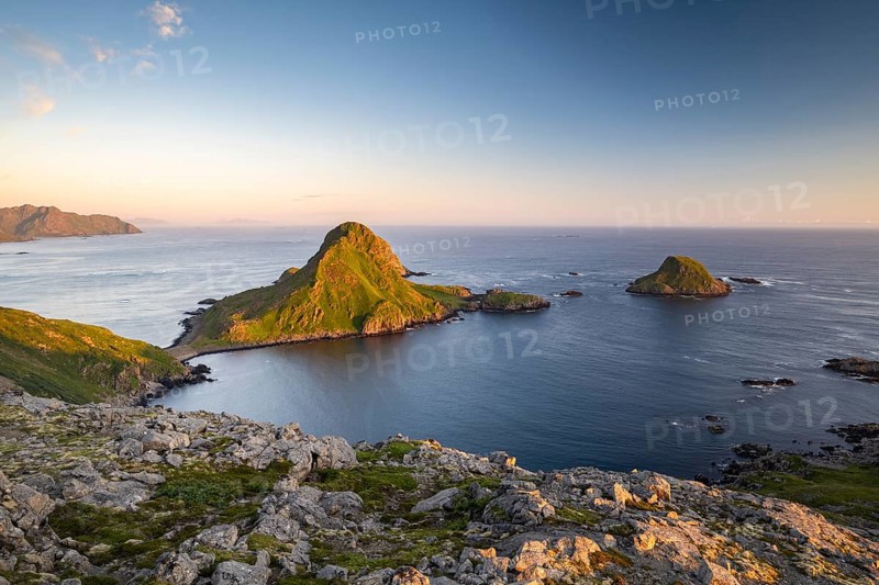 View from Mount Bufjellet towards the coast near Nykvåg, Langøya Island, Vesterålen Archipelago, Norway, Europe