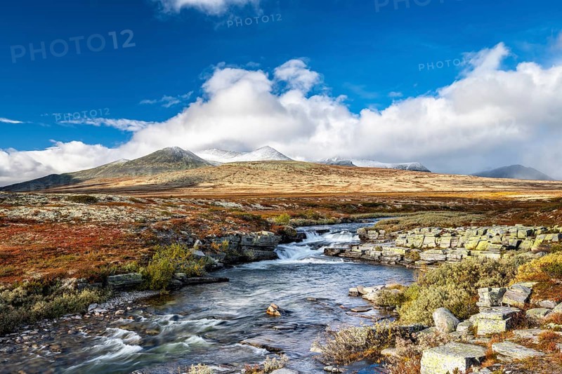 Autumnal mountain landscape with river Store Ula, Rondane National Park, Norway, Europe