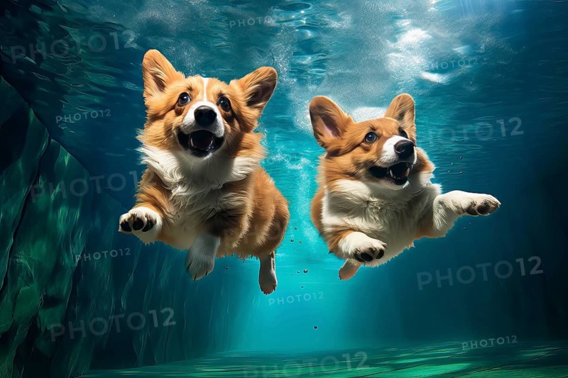 Two Pembroke Welsh Corgis diving in a pool, AI Generated