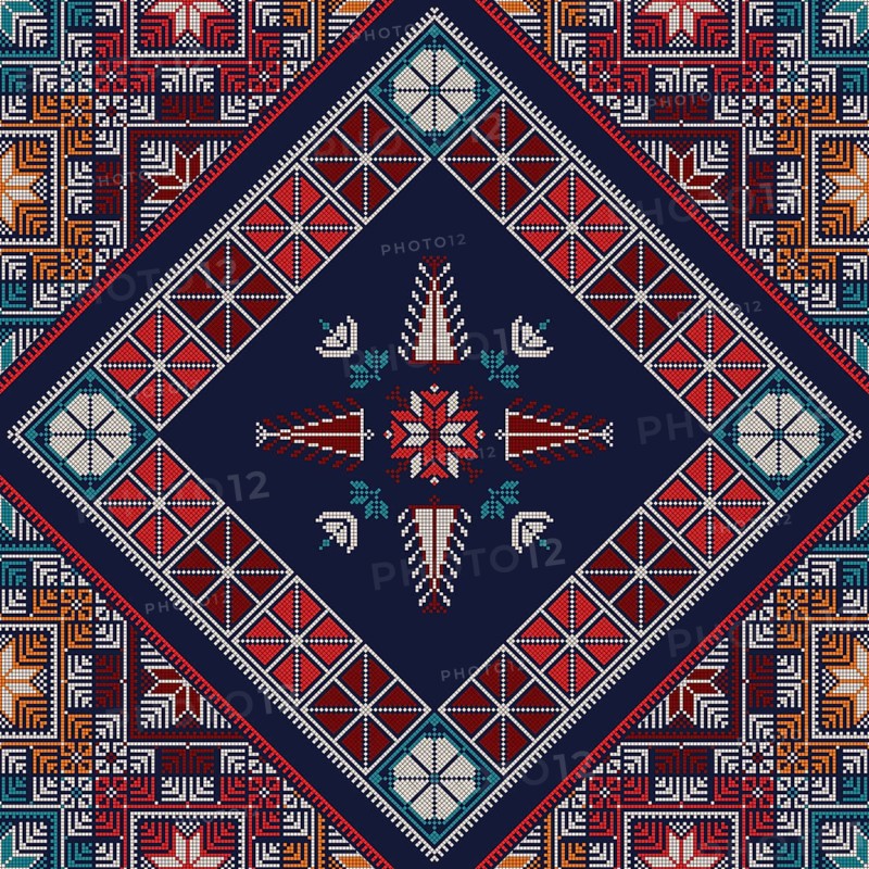 Decorative Palestinian seamless pattern in colors, traditional Tatreez embroidery, vector illustration