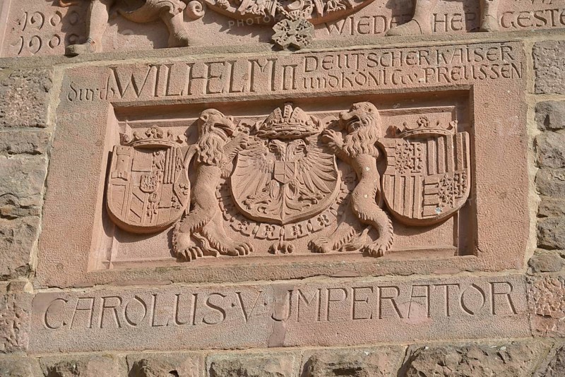 Relief on the entrance portal of Hohkönigsburg Castle or Château du Haut-Kœnigsbourg, Hohenstaufen Empire castle from the 12th Century, near Orschwiller, Département Bas-Rhin, Alsace, France, Europe