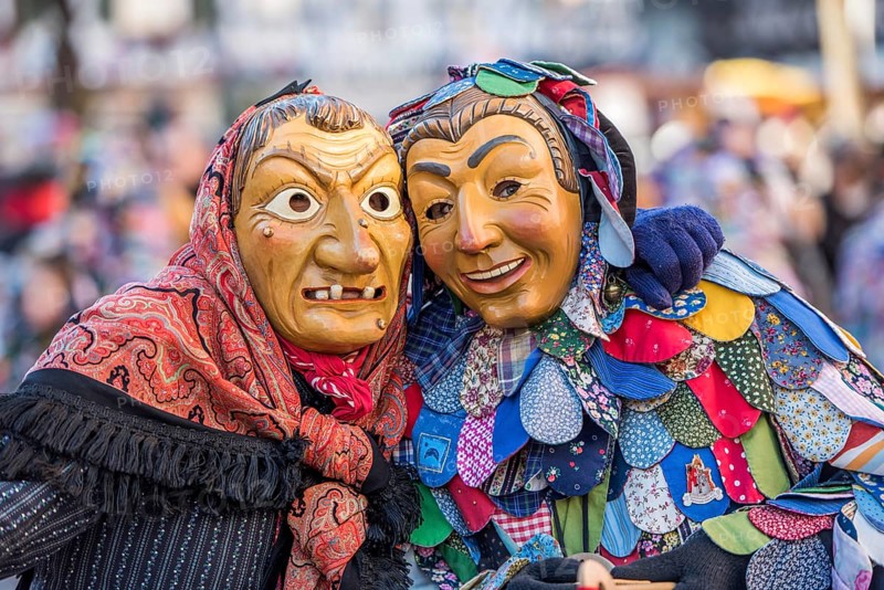 Witch and Spättlehansel at carnival procession, Fasendumzug, Alemannic Fastnacht, Gengenbach, Ortenaukreis, Baden-Württemberg, Germany, Europe