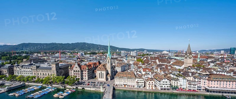 Panorama, view over the old town of Zurich with river Limmat, church Fraumünster and Münsterbrücke, from the tower of the Grossmünster, Zurich old town, Zurich, canton Zurich, Switzerland, Europe