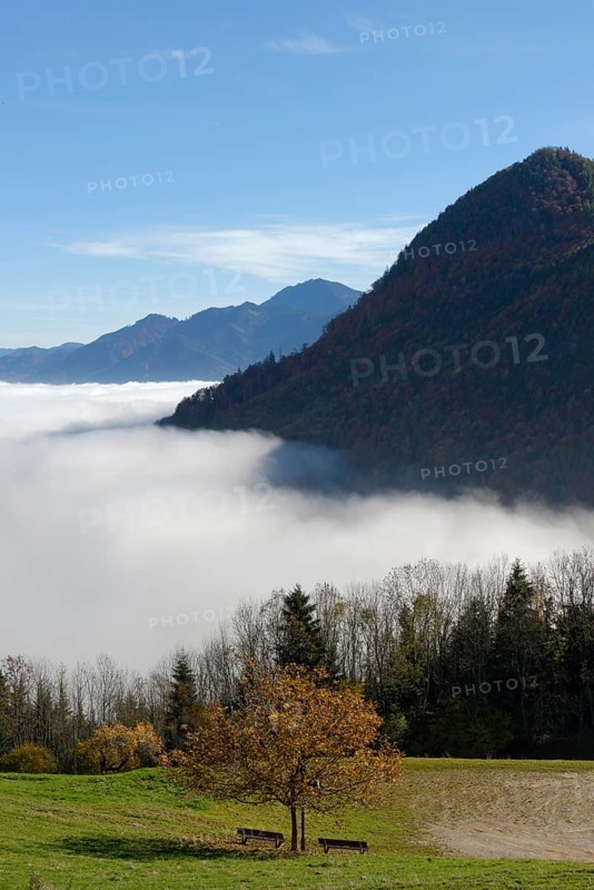 Fog in the valley, inversion weather situation on the panorama trail on the Adersberg, near Rottau, Chiemgau, Upper Bavaria, Bavaria, Germany, Europe
