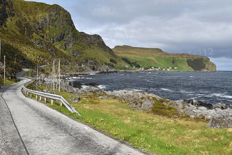 Houses, road on the island of Runde in Norway