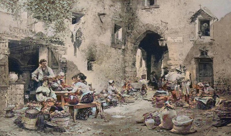 Market in Subiaco 1880, Italy, Historical, digital reproduction of an original 19th century painting, original date unknown, Europe