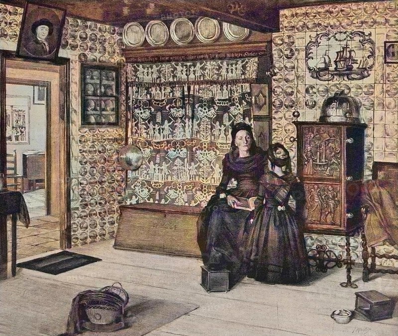 Königspesel, a Frisian room from the 18th century, at Hallig Hooge, Germany, Historic, digital reproduction of an original from the 19th century, original date not known, Europe