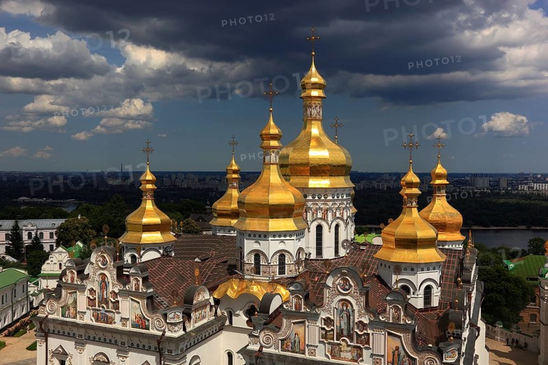 View of the Uspensky Cathedral and the monastery complex of the Kiev Cave Monastery, Holy Mary of the Assumption Monastery, Pecherskaya Lavra, Kiev, Ukraine from the bell tower