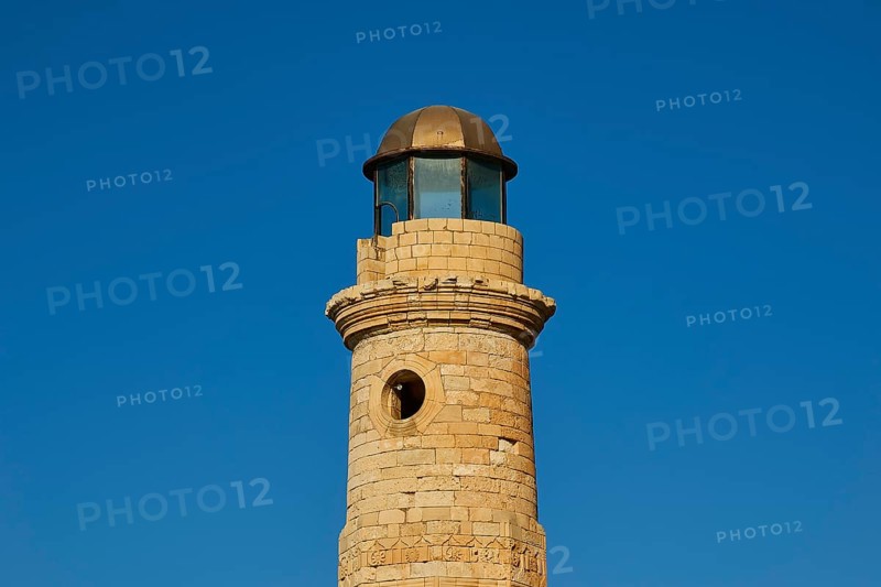 Venetian harbour, Venetian lighthouse, detail, cloudless blue sky, Rethimnon, central Crete, island of Crete, Greece, Europe