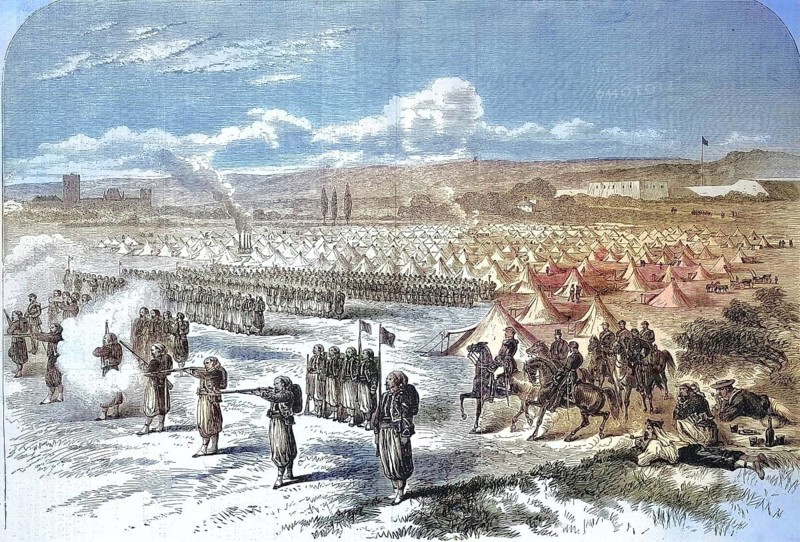 In the Saint-Maur camp, the Zouaves, members of historic infantry units from Algiers, practise using the Chassepot rifle, 1869, France, Historic, digitally restored reproduction of an original 19th-century artwork, exact original date not known, Europe