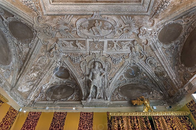 Decorative stucco ceiling in a hall of the Villa del Principe, Palazzo di Andrea Doria, Piazza dei Principe, Genoa. Italy