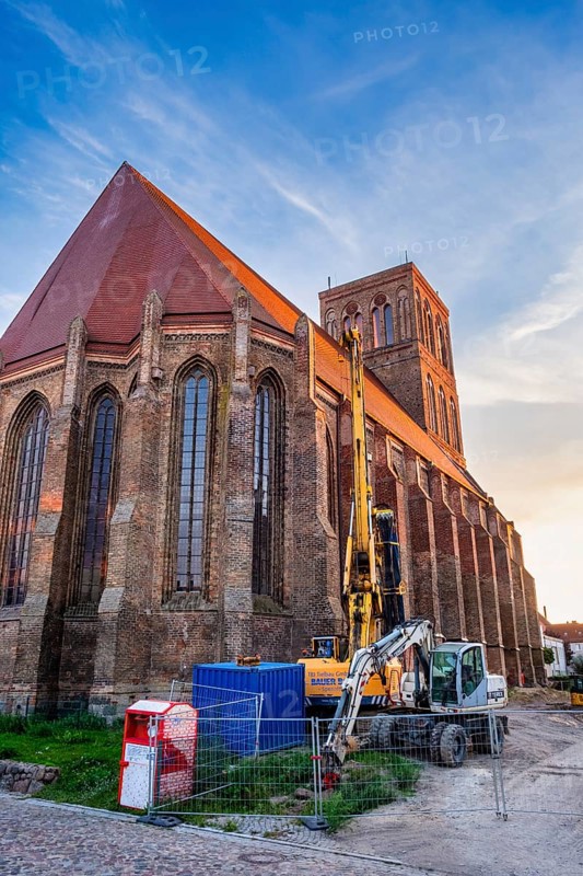 Construction site in front of Nikolaikirche Anklam, Mecklenburg-Western Pomerania, Germany, Europe