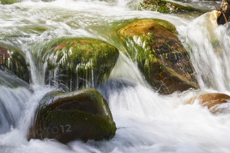 Gole di Tiberio, Historical gorge, High cliffs, Stream, Detail, Mossy stones, Flowing water, Heavily blurred, Madonie National Park, Spring, Sicily, Italy, Europe
