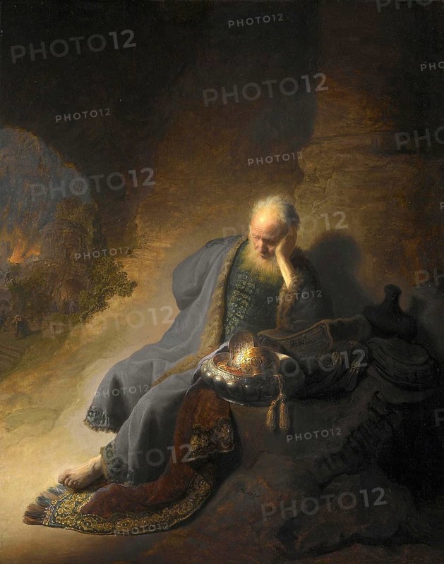 The Prophet Jeremiah Lamenting the Destruction of Jerusalem, Painting by Rembrandt van Rijn (1606) (1669), Historic, digitally enhanced reproduction of an original from the period