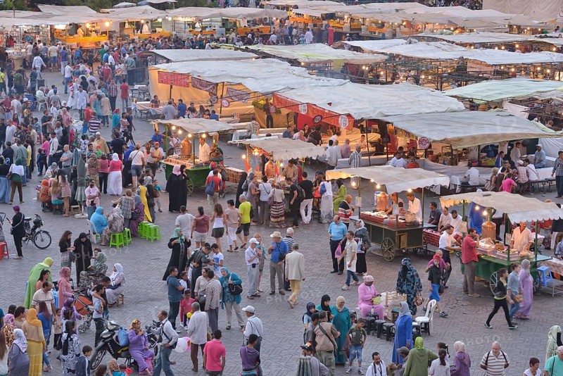 Food stalls at Djemaa el Fna market square, historic center, Marrakesh, Marrakesh-Tensift-El Haouz region, Morocco, Africa