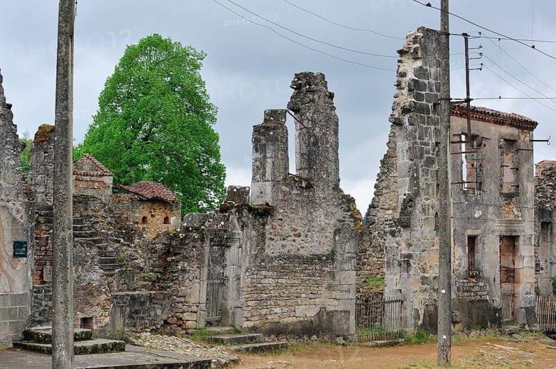 Ruins along the main road The burnt village of Oradour-sur-Glane was destroyed on 10 June 1944 when 642 of its inhabitants, including woman and children, were massacred by a German Waffen SS company, Limousin, France, Europe