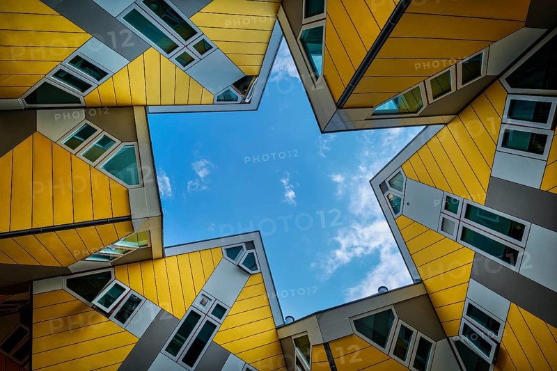 ROTTERDAM, NETHERLANDS, MAY 11, 2017: Cube houses, innovative cube-shaped houses designed by architect Piet Blom with idea to optimize space in Rotterdam, Netherlands now became a tourist attraction