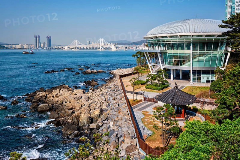 BUSAN, SOUTH KOREA, APRIL 13, 2017: Nurimaru APEC House on Dongbaek island and Gwangan bridge in Busan, South Korea, Asia