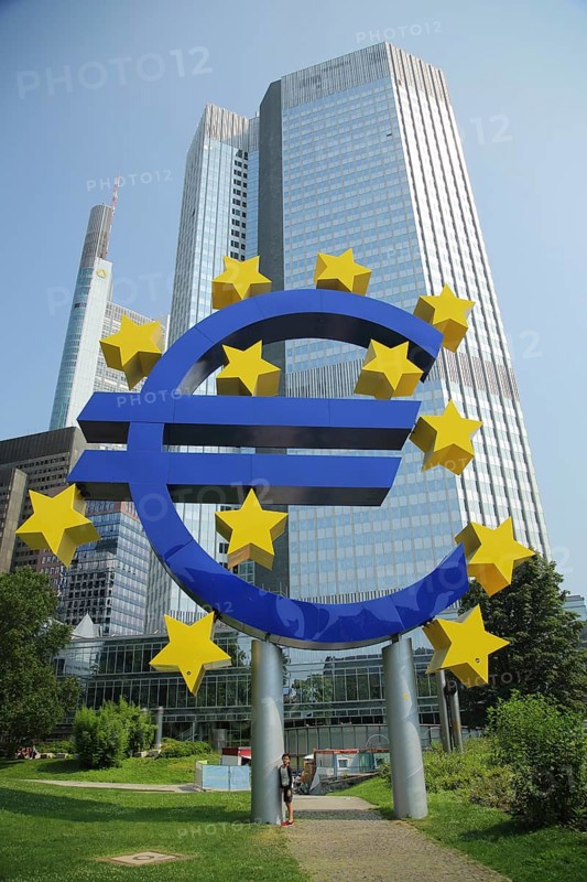European Central Bank until 03-2015 with EU, sign, symbol, ECB, Eurotower, skyscraper, Tower, Willy Brandt Platz, city centre, Main, Frankfurt, Hesse, Germany, Europe