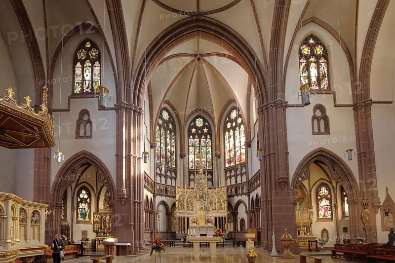 Interior view with chancel of the neo-Gothic St. Peter's Church in Heppenheim, Bergstrasse, Hesse, Germany, Europe