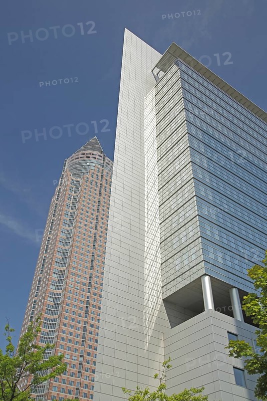 Kastor and Messeturm, view up, glass window, glass building, tower, skyscraper, perspective, Platz der Einheit, Bockenheim, Main, Frankfurt, Hesse, Germany, Europe