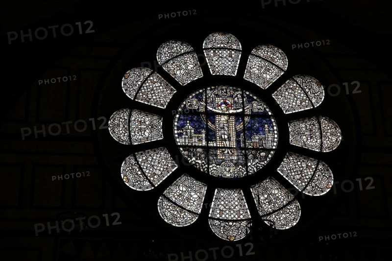Rosette with Christ as a church window in the Church of the Redeemer, arts and crafts, stained glass, interior view, silhouette, Taunus, Hesse, Germany, Europe