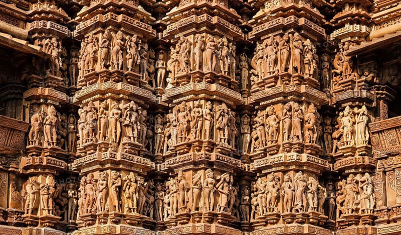 Famous stone carving sculptures, Kandariya Mahadev Temple, Khajuraho, India. Unesco World Heritage Site