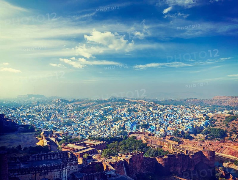 Vintage retro effect filtered hipster style panorama image of Jodhpur, known as Blue City due to blue-painted Brahmin houses. View from Mehrangarh Fort. Rajasthan, India, Asia