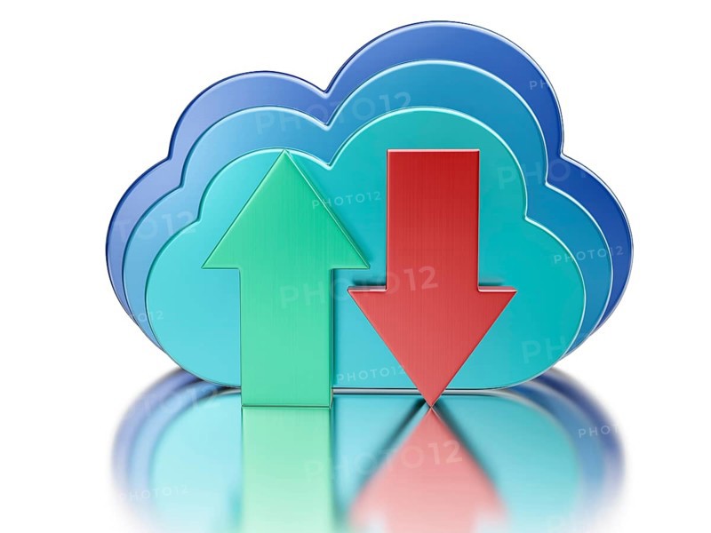 Remote database cloud computing technology storage upload download concept, 3 metal glossy cloud icons and download and upload arrows with reflection on white