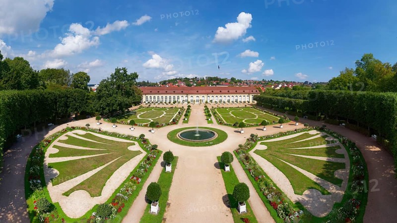 Aerial view, Margravial Court Garden Ansbach with orangery, built 1726-1744, Baroque, park, garden, palace garden, Ansbach, Middle Franconia, Franconia, Bavaria, Germany, Europe