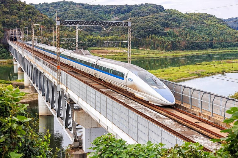 Shinkansen type 500 high-speed train of Japan Rail JR West train on the Sanyo Shinkansen line in Kurashiki, Japan, Asia