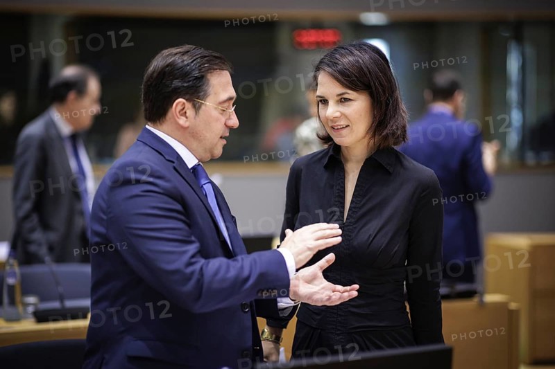 (R-L) Annalena Bärbock, Federal Minister for Foreign Affairs, recorded in conversation with Jose Manuel Albares, Foreign Minister of Spain, in front of a working meeting of EU Foreign Ministers Brussels, 20.07.2023., Brussels, Belgium, Europe