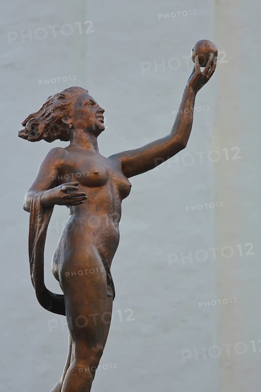 Fortuna Roman goddess of luck and fate at the fountain temple, Marienberg Fortress, goddess for luck and fate, mythology, woman, figure, sphere, gesture, hold, high, graceful, elegant, Würzburg, Lower Franconia, Franconia, Bavaria, Germany, Europe