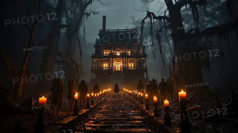Silhouette of several people walking down the lantern lit walkway on halloween night toward a spooky house, generative AI