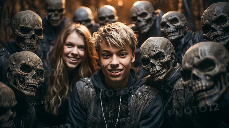 Several teenagers dressed in scary skull costumes for halloween at a party together, generative AI