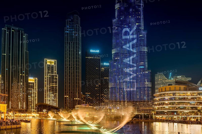 Night shot, water feature in Burj Khalifa Lake, Burk Khalifa, Downtown, Dubai, United Arab Emirates, Asia