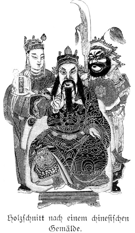 Woodcut after a chinese painting, three figures, masks, disguise, headgear, beard, China, historical illustration c. 1898, Asia