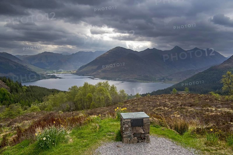 Orientation table at the Bealach Ratagain, Ratagan viewpoint with names of the mountain summits of the Five Sisters of Kintail, Highland, Scotland, United Kingdom, Europe