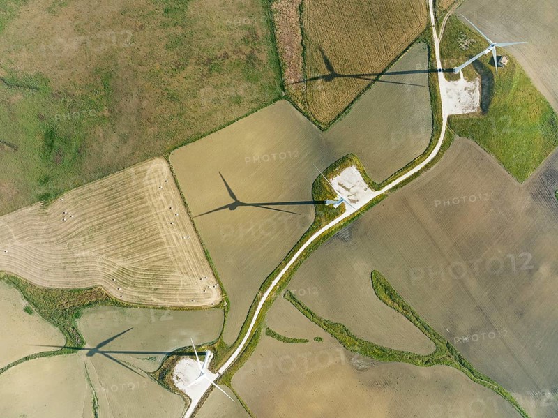 Windmills on a wind farm near Zahara de los Atunes, aerial view, drone shot, Cádiz province, Andalusia, Spain, Europe