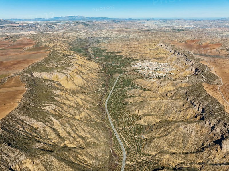 The Gor river valley grown with cultivated olive trees (Olea eropaea) and the town of Gorafe, aerial view, drone shot, Gorafe Desert, UNESCO Granada Geopark, Granada province, Andalusia, Spain, Europe