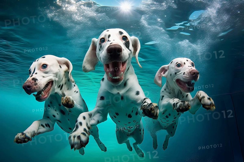 Three Dalmatian puppies diving in a river, AI Generated