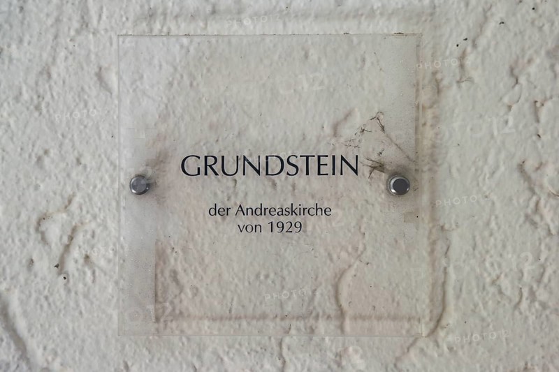 Information board foundation stone, Protestant St. Andrew's Church, writing, letters, Eningen unter Achalm, Baden-Württemberg, Germany, Europe