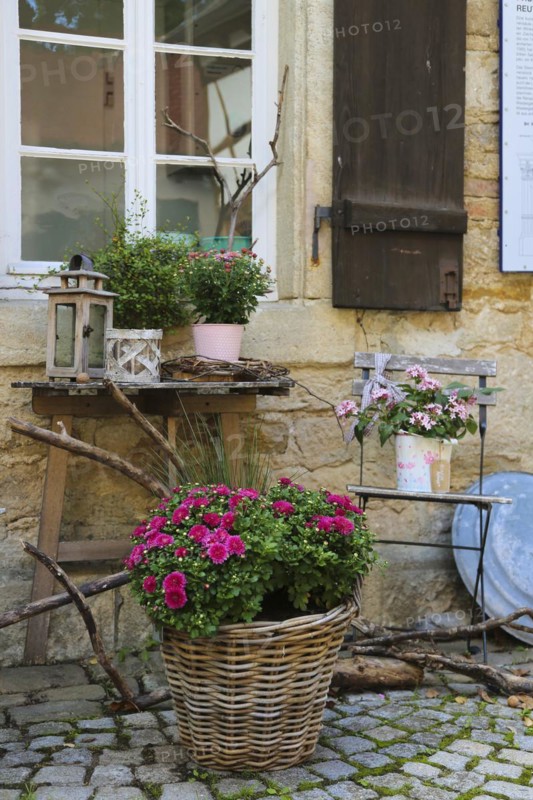 Gomaringen Castle, former bakehouse and washhouse, prison in the castle courtyard, Gustav Schwab Museum, historical building, architecture, small house, window, shutter, chair, still life, plants, Gomaringen, Baden-Württemberg, Germany, Europe