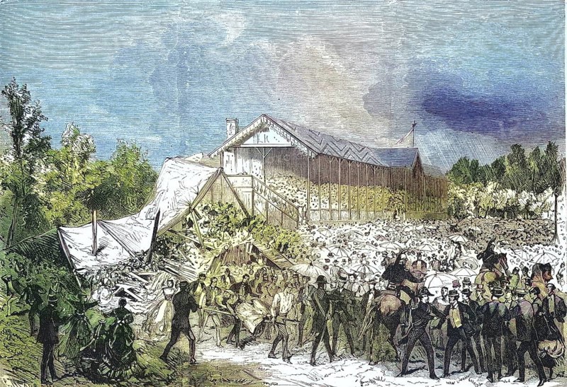 Collapse of the racecourse grandstand in Amiens, 1869, France, Historical, digitally restored reproduction of a 19th century original, exact original date unknown, Europe