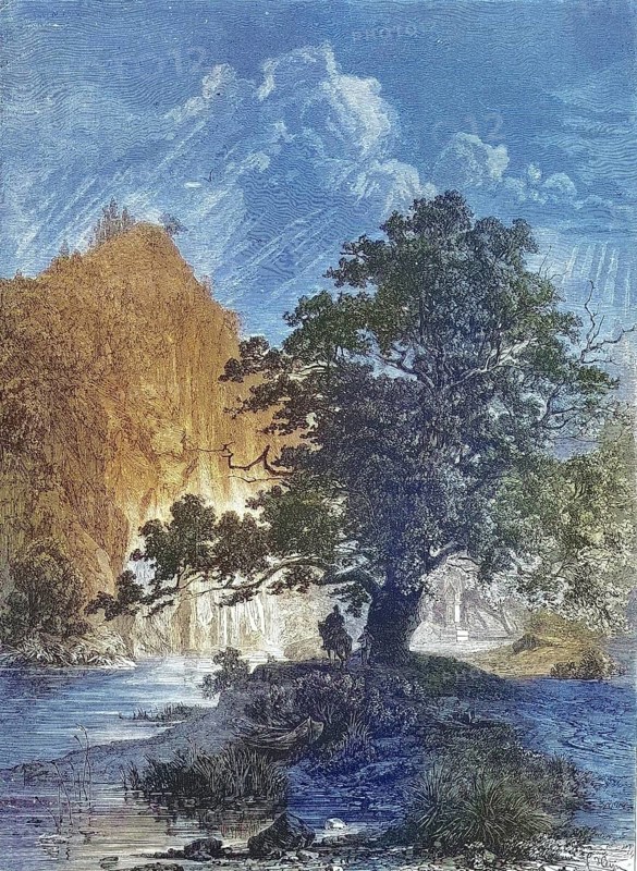 Harrassprung or Harrasfelsen and the Harras Oak in 1870, Saxony, Germany, Historic, digitally restored reproduction of a 19th century original, exact original date unknown, Europe