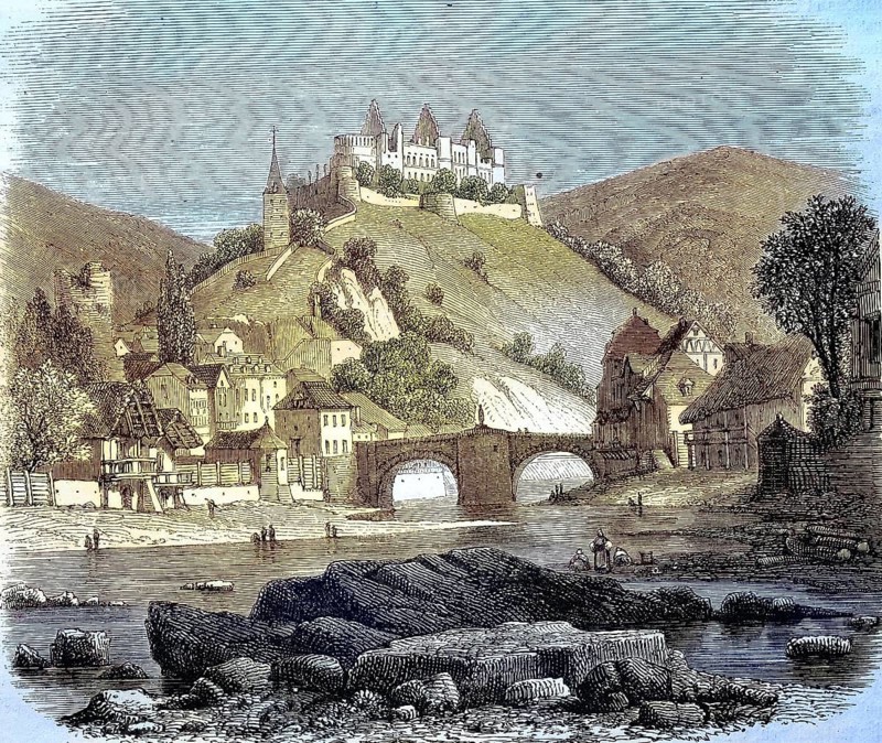 Ruin of Vianden Castle in Luxembourg, 1886, Historic, digitally restored reproduction of a 19th century original