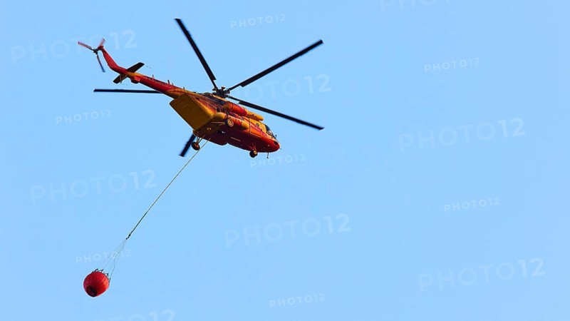 Helicopter, helicopter, firefighting helicopter, close, dynamic, blue sky, fire, Falassarna, West Crete, Crete, Greece, Europe